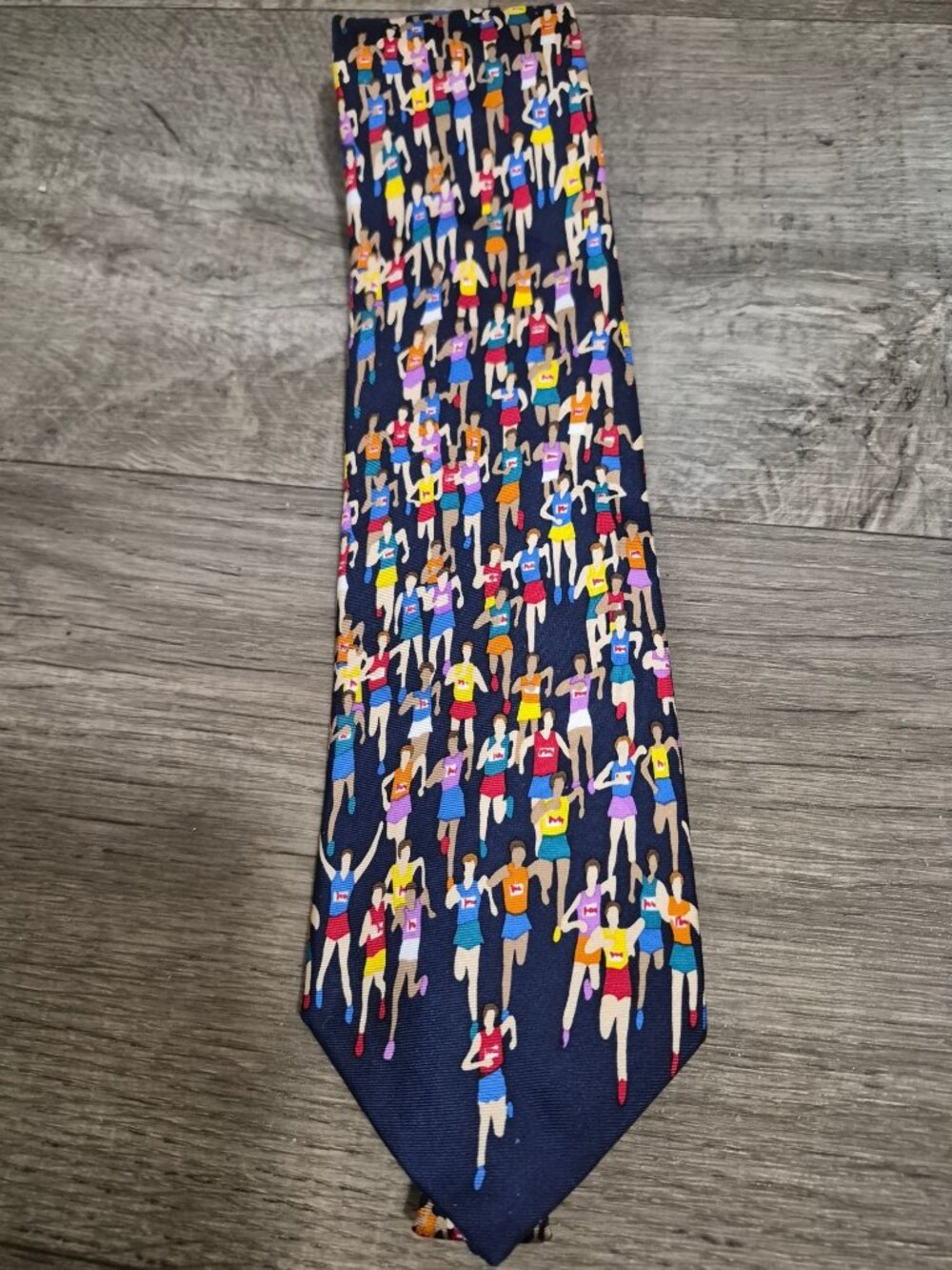 Alynn Neckwear "Marathon" Silk Tie  Colorful Runners Navy Background Made In USA